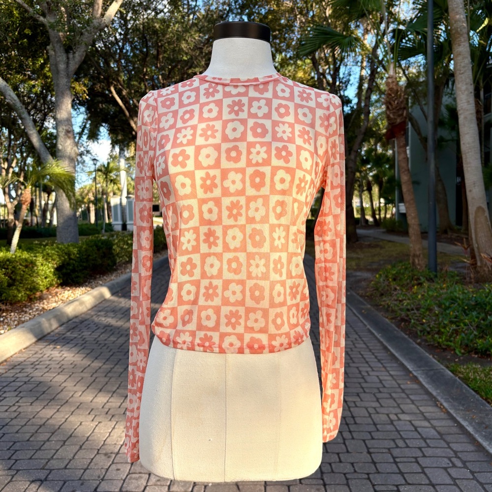 Altar’d State Mesh Sheer Orange Floral Blouse Size S L/S Mock Neck Groovy Retro